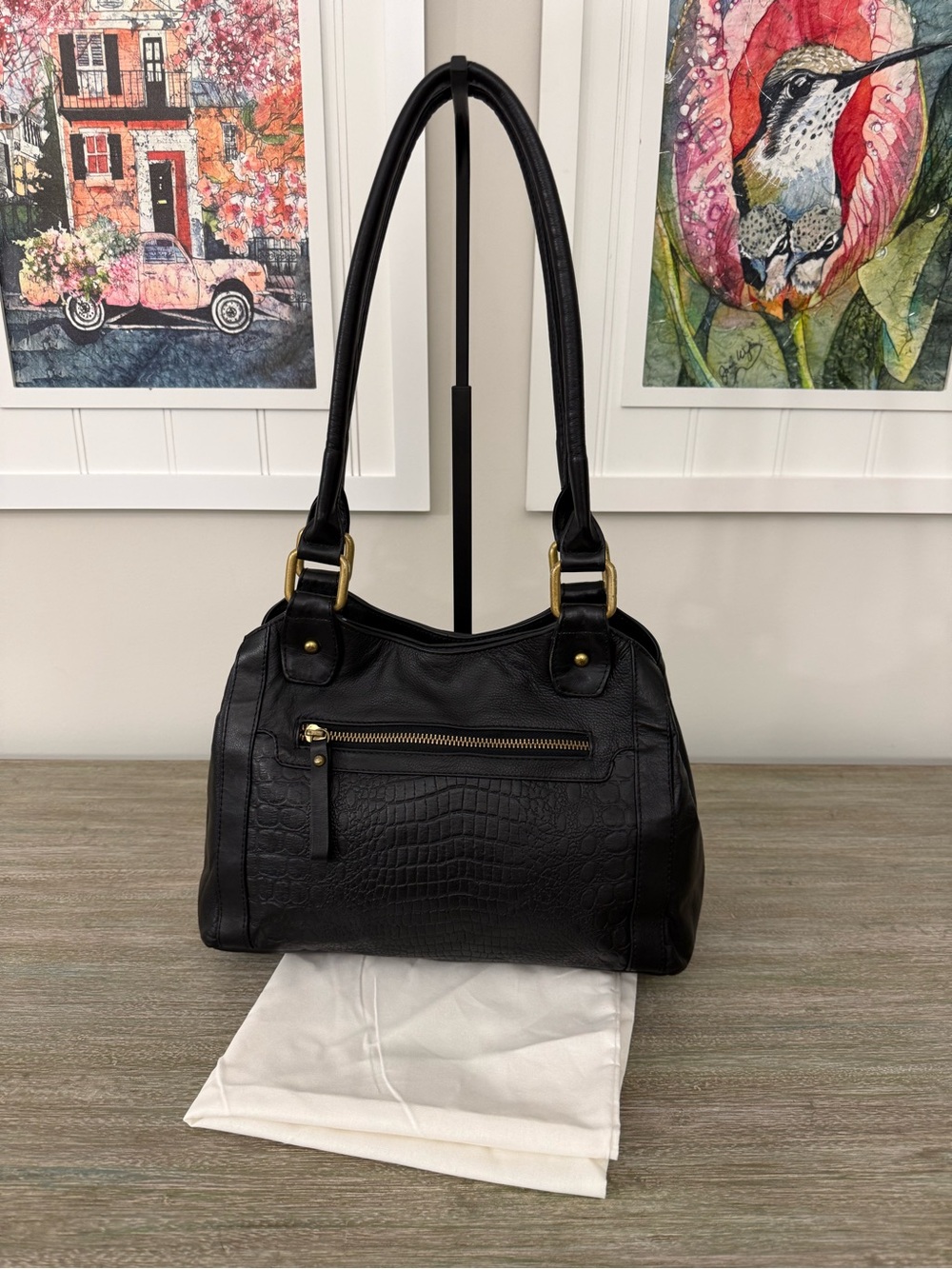 Vintage Black Croc-Embossed Leather Utility Shoulder Bag